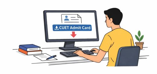 Simple illustration of a student downloading a CUET admit card on a computer.