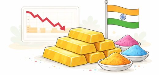 Gold bars with Indian flag and falling stock chart on a white background.