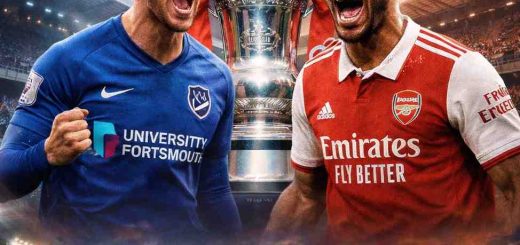 Portsmouth vs Arsenal FA Cup match action with players battling for the ball in a packed stadium