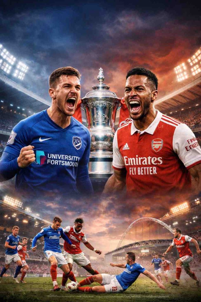 Portsmouth vs Arsenal FA Cup match action with players battling for the ball in a packed stadium