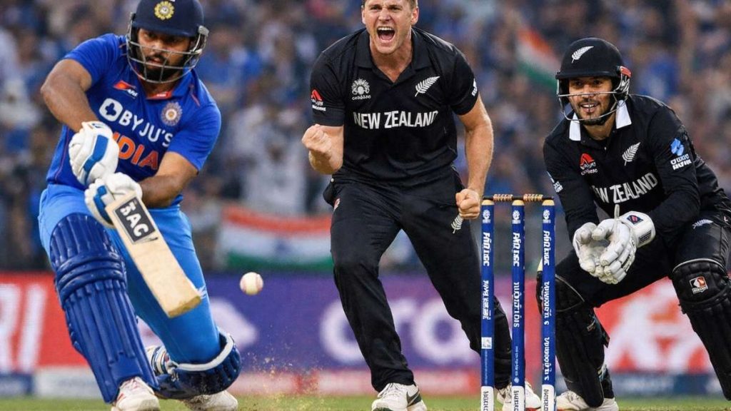 IND vs NZ cricket match showing an Indian batsman facing a New Zealand bowler during an intense moment