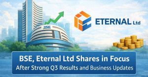 Illustration of a stock exchange with an upward market trend.