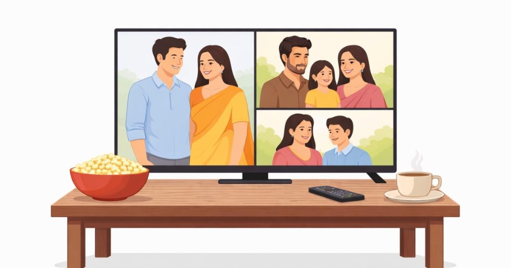 Minimal illustration of people on a television screen representing streaming content.