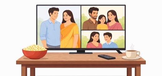 Minimal illustration of people on a television screen representing streaming content.