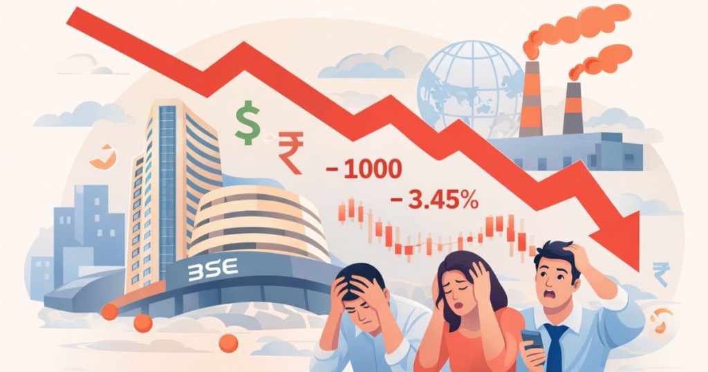 Minimal illustration of a falling red arrow over India’s stock market.
