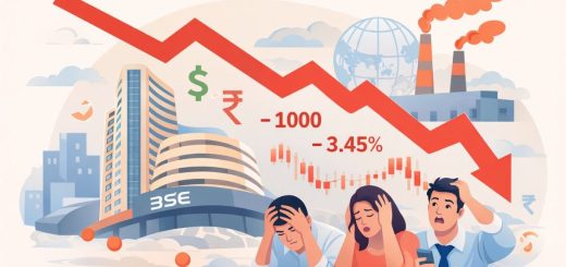 Minimal illustration of a falling red arrow over India’s stock market.