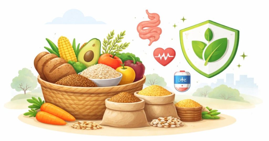 Simple illustration of fibre-rich grains and vegetables.