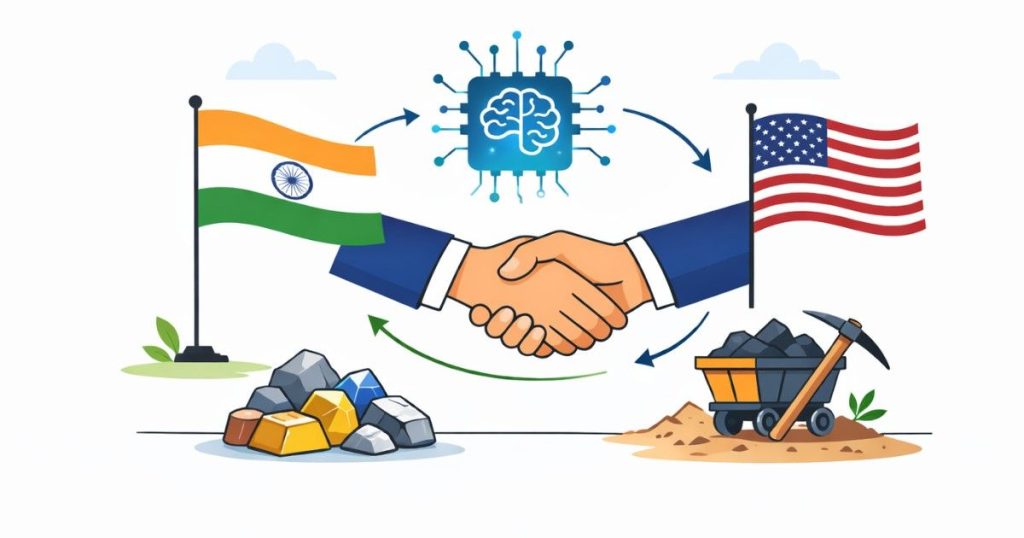 Simple illustration of India and US collaboration with handshake, AI chip, and minerals.