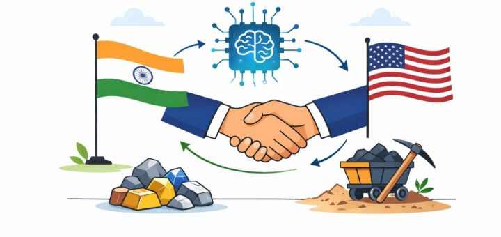 Simple illustration of India and US collaboration with handshake, AI chip, and minerals.