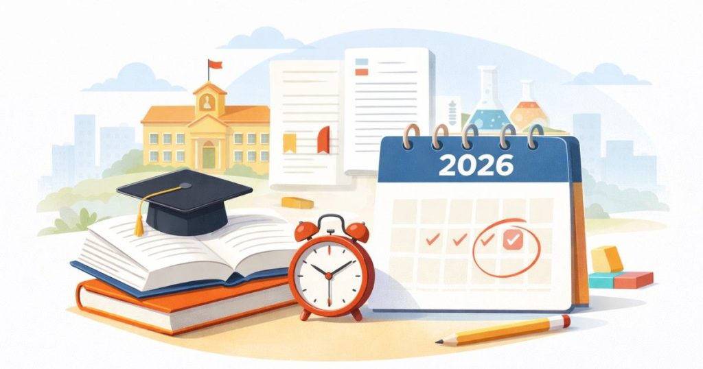 Minimal education illustration with books, calendar, and exam symbols.