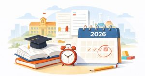 Minimal education illustration with books, calendar, and exam symbols.