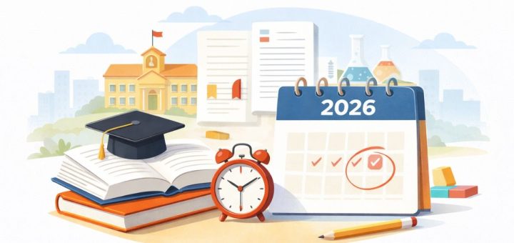 Minimal education illustration with books, calendar, and exam symbols.