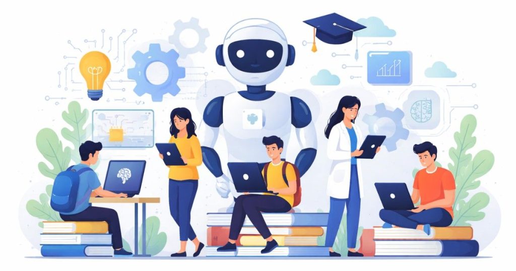 Students using laptops with an AI robot in the background.