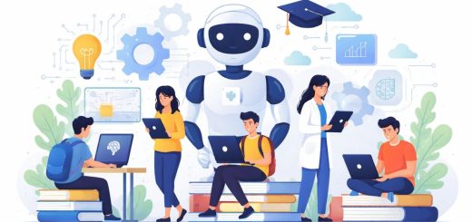 Students using laptops with an AI robot in the background.