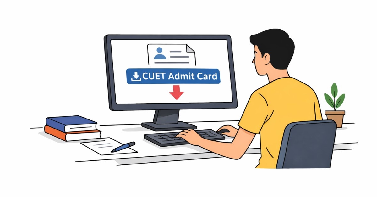Simple illustration of a student downloading a CUET admit card on a computer.