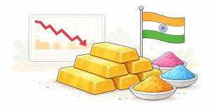 Gold bars with Indian flag and falling stock chart on a white background.
