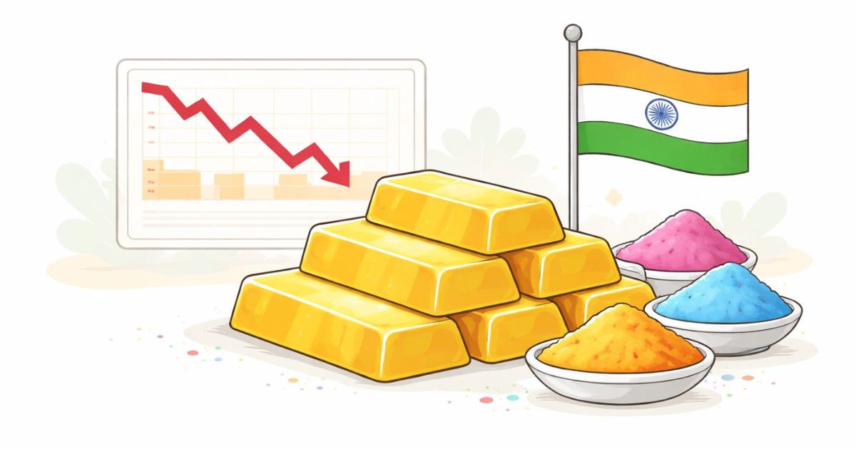 Gold bars with Indian flag and falling stock chart on a white background.
