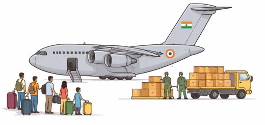 Flat illustration of an Indian evacuation flight with passengers and relief cargo on a white background.