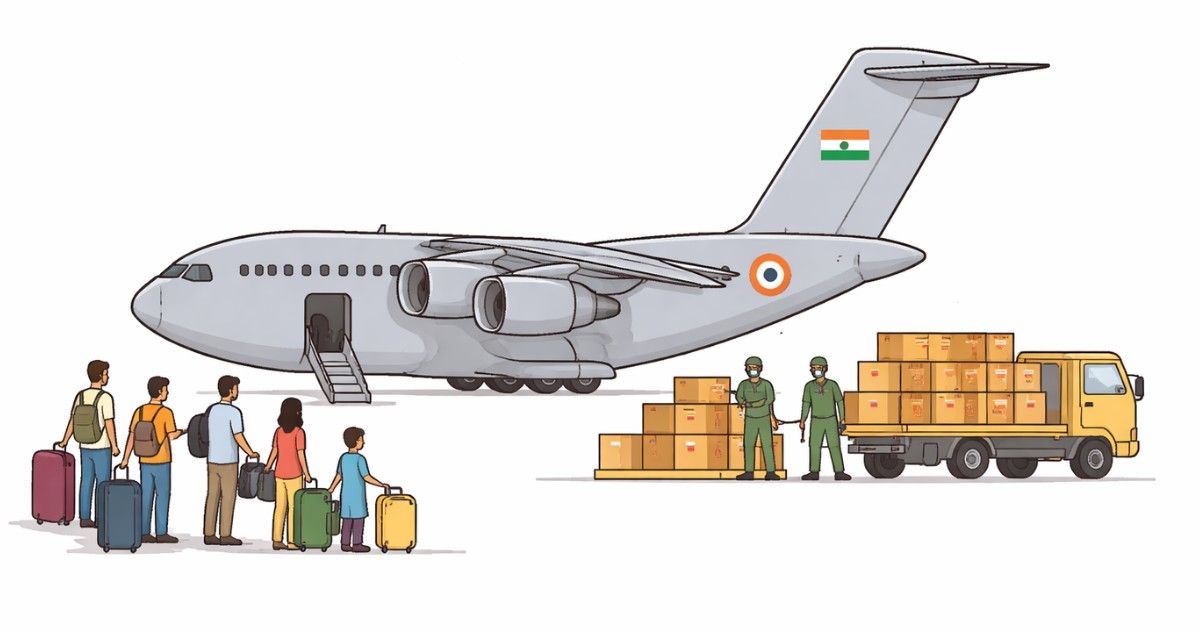 Flat illustration of an Indian evacuation flight with passengers and relief cargo on a white background.
