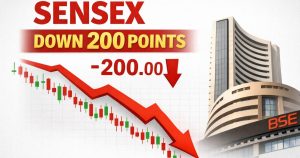 Stock market screen showing Sensex decline amid global geopolitical tensions and rising oil prices