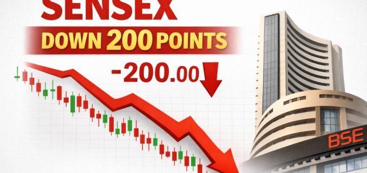 Stock market screen showing Sensex decline amid global geopolitical tensions and rising oil prices