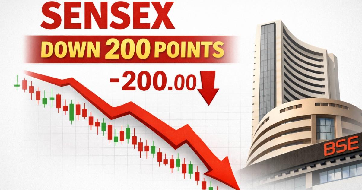 Stock market screen showing Sensex decline amid global geopolitical tensions and rising oil prices